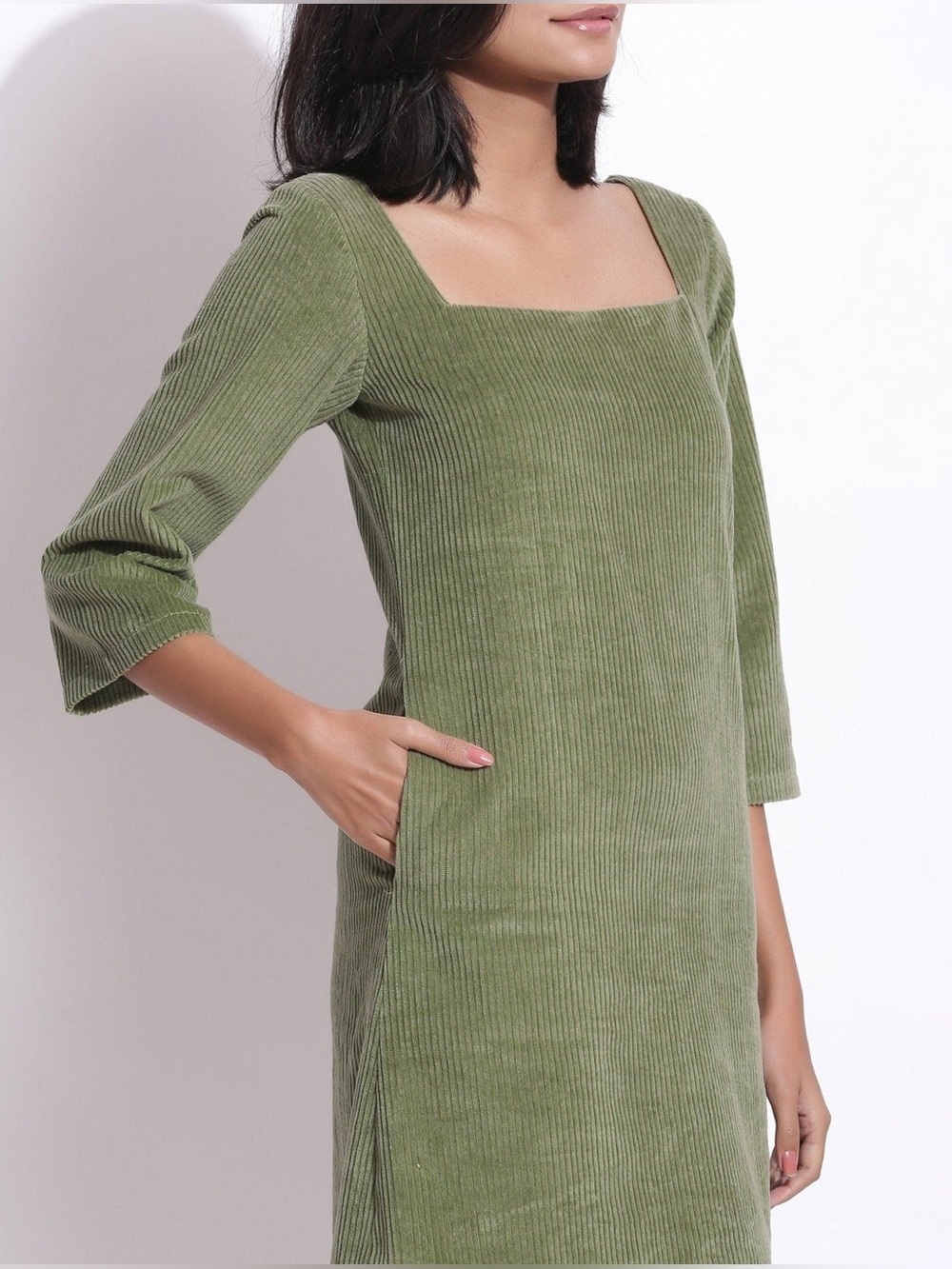 NWT SeamsFriendly Sage Green Square-Neck Cotton Mini Shift Dress Corduroy Sz 38R - Picture 2 of 14